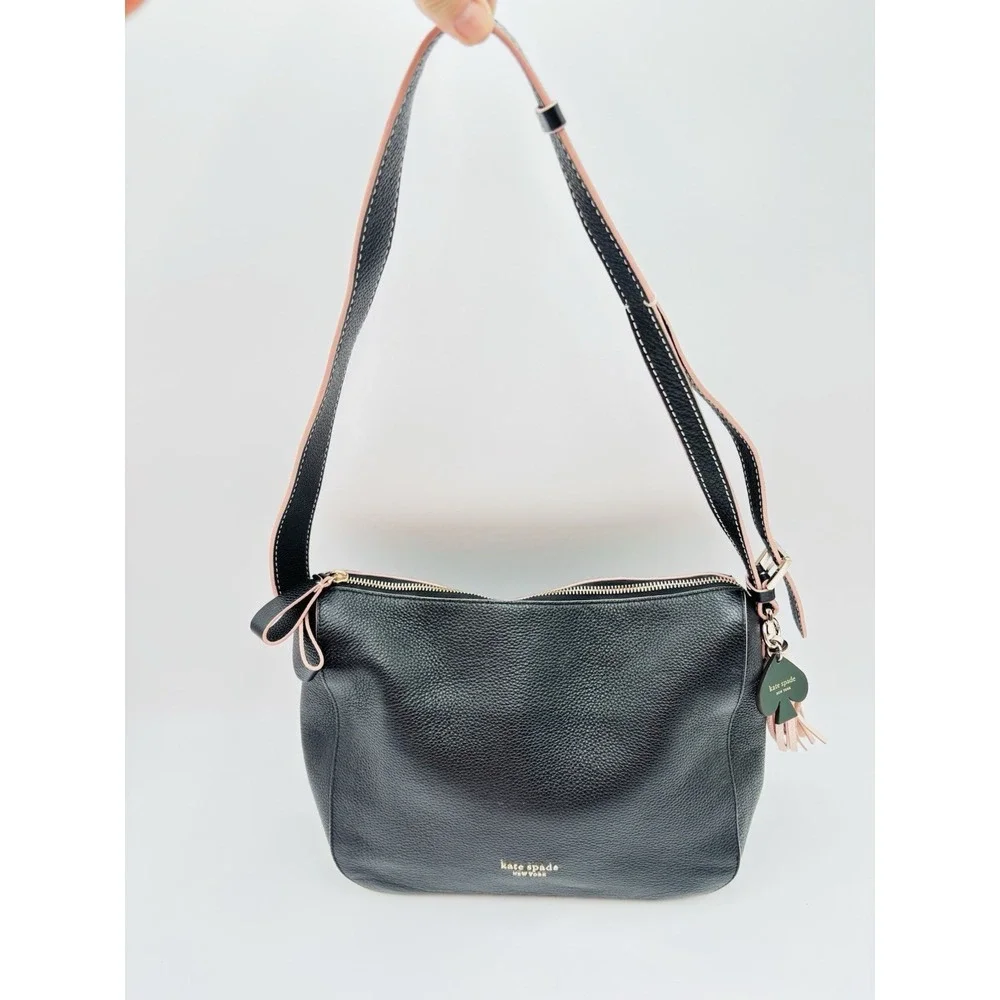Kate Spade Black Pebbled Leather Shoulder Bag Tassel Logo‎ Hobo Purse